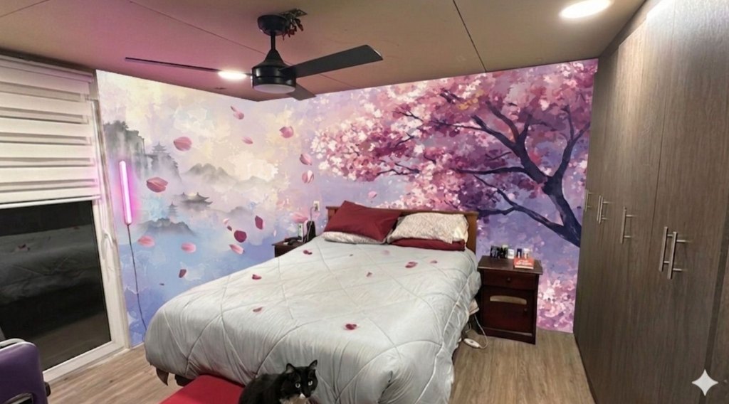 Simulación del dormitorio con un fotomural de cerezos en flor