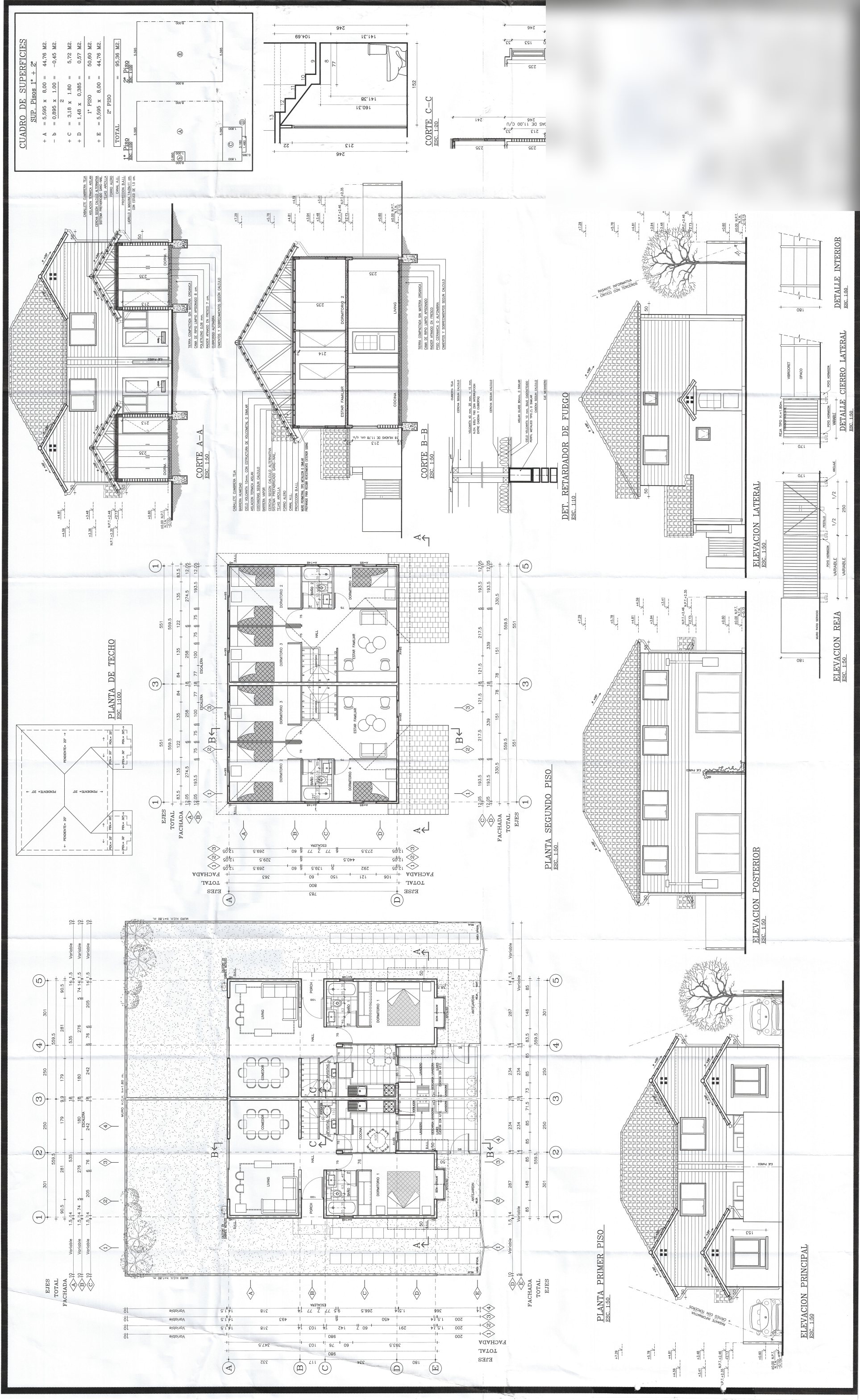 Lámina de plano de arquitectura con elevaciones, plantas, cortes y detalles